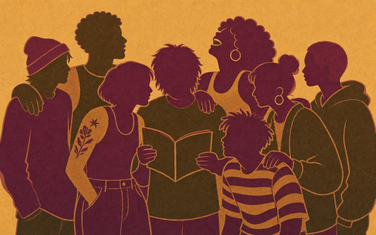 Illustration: Menschen aus der LGBTQ Community stehen eng beieinander und lachen gemeinsam